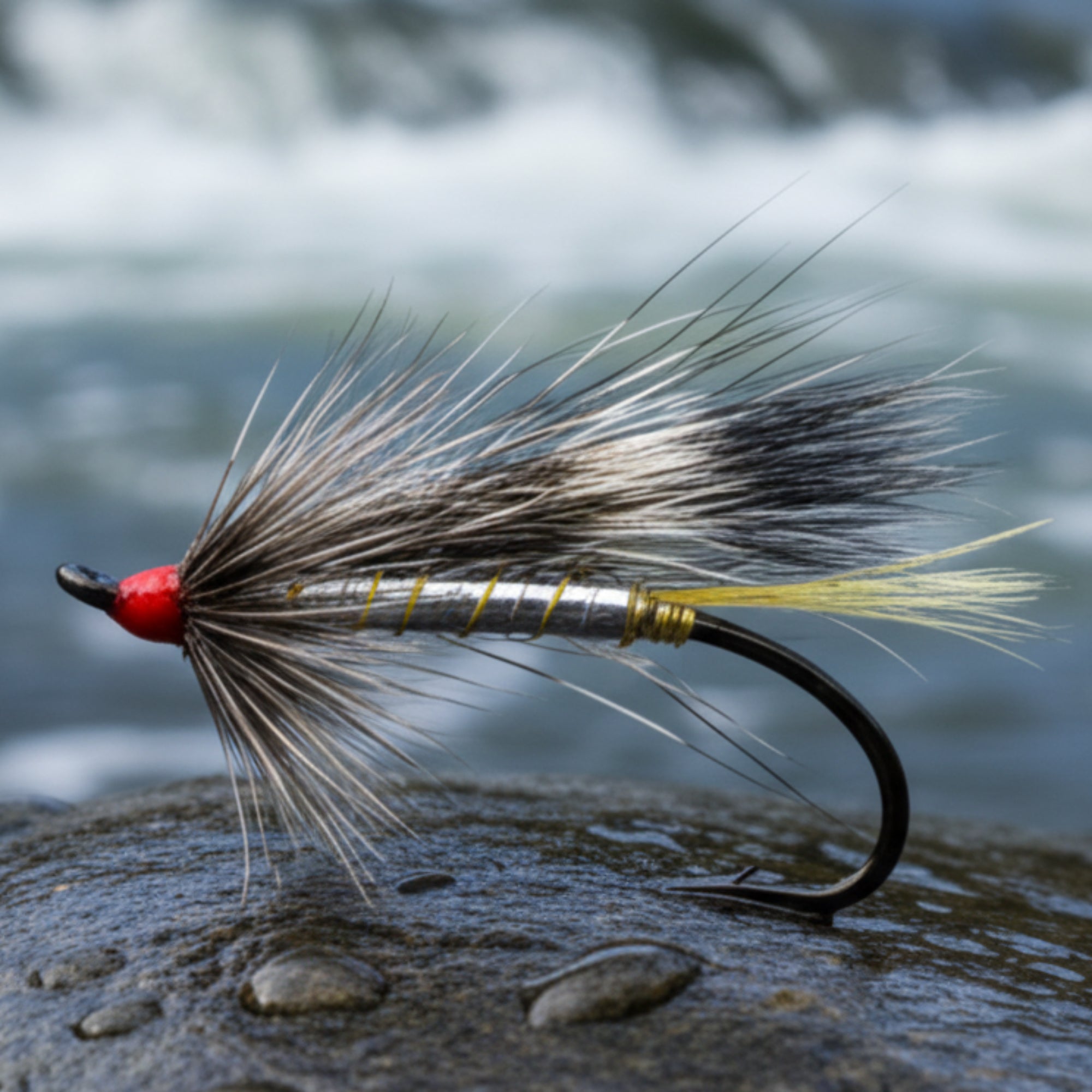 Fishing fly with black and red details on a white background