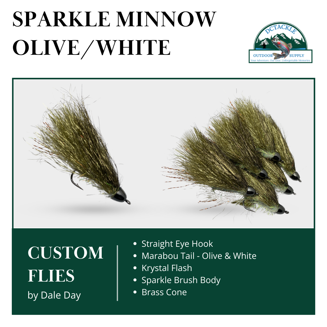 The image shows the Conehead Sparkle Minnow fishing lure in Olive & White color variations. It features a wire form with a black nickel tungsten conehead, marabou tail, and a sparkle brush body with a brass cone.