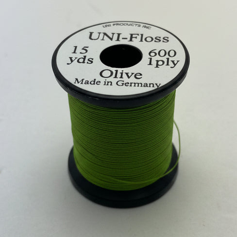 A spool of UNI-Floss embroidery thread in the color 'Olive' (600 ply), shown on a plain white background.