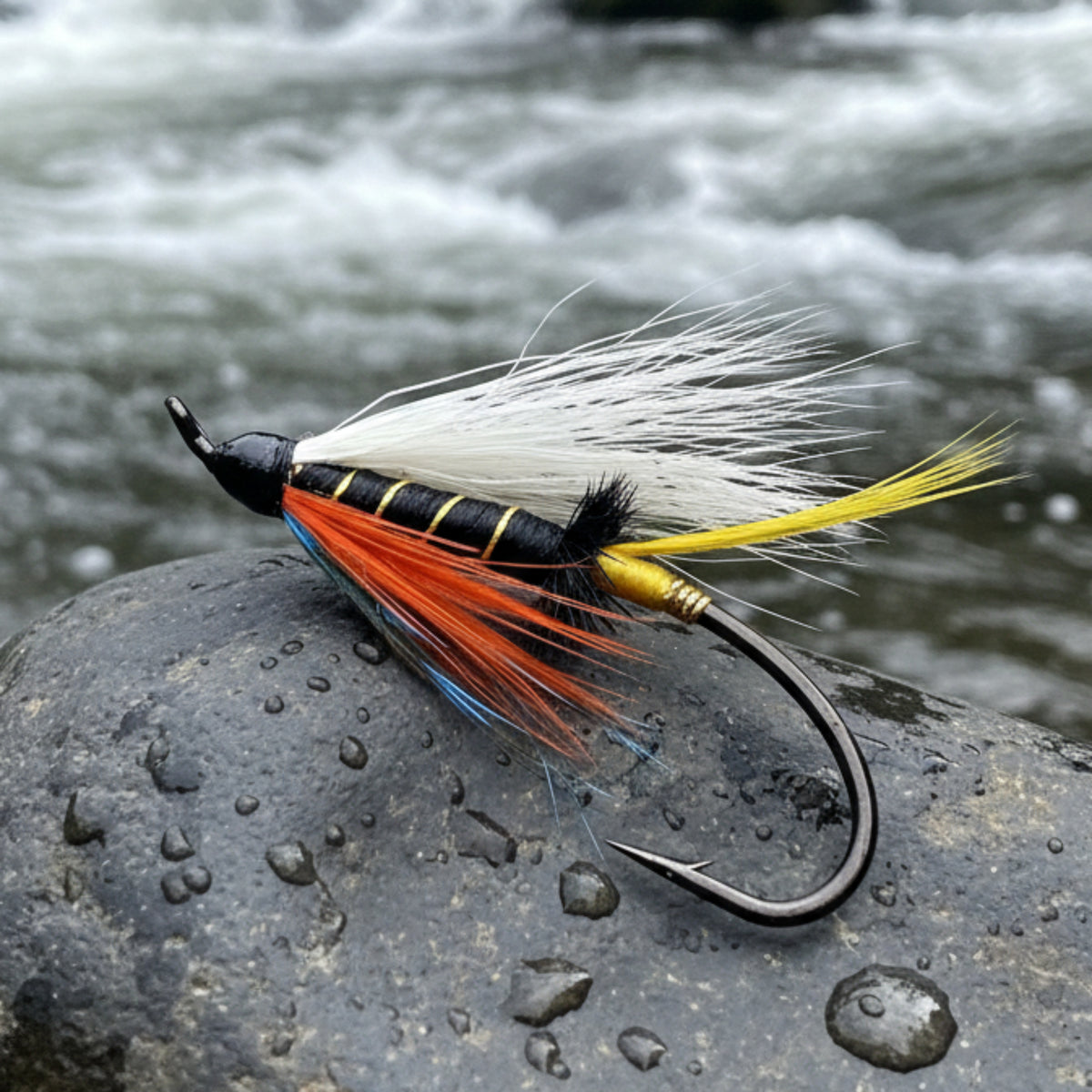 Fishing fly with colorful feathers on a white background