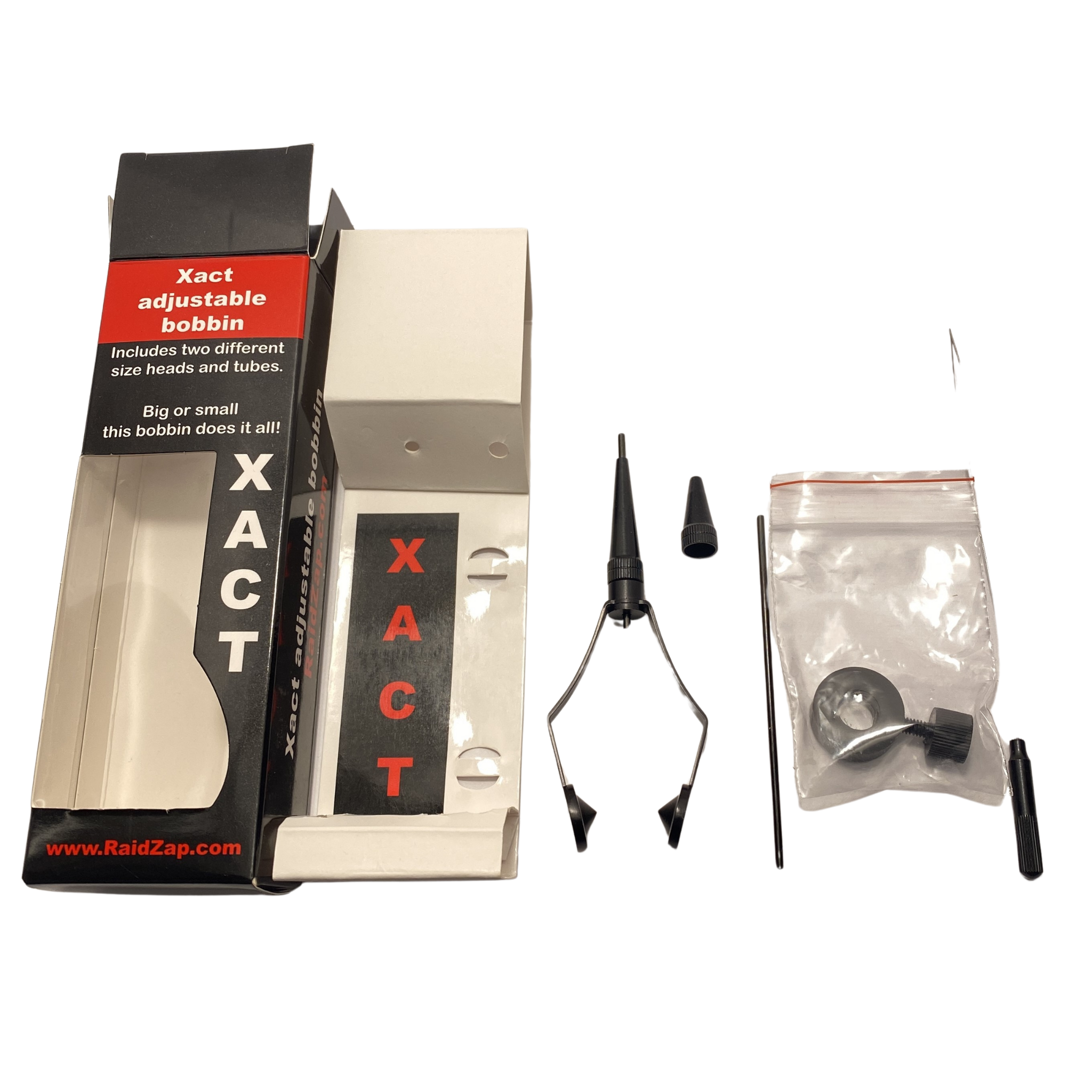 Xact adjustable bobbin packaging with bobbin and accessories on a white background