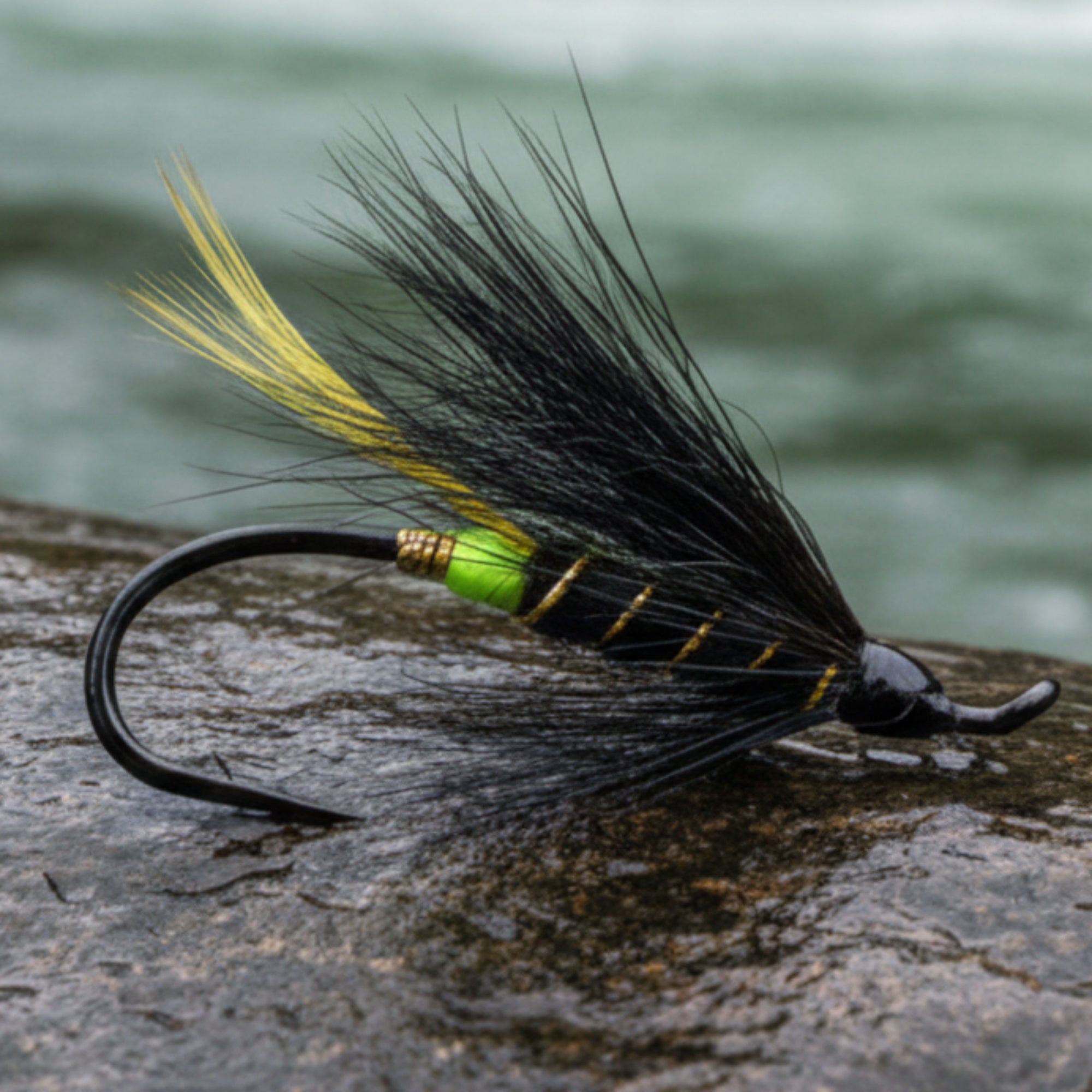 Fishing fly with black and yellow details on a gray background