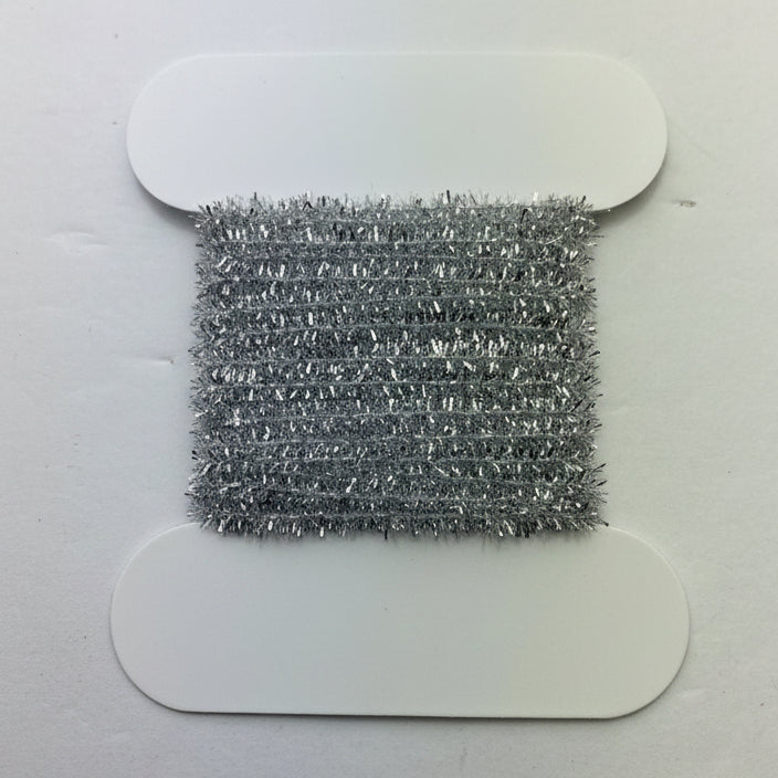 Fly tying material - crystal chenille - silver size medium on a white background