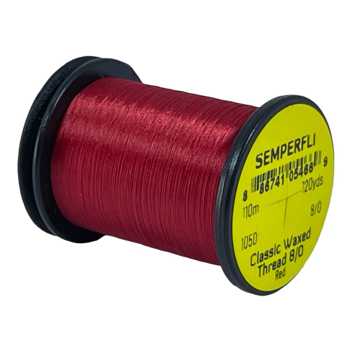 Red thread spool with yellow label on a white background