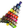 Colorful spools of thread arranged in a pyramid shape on a white background