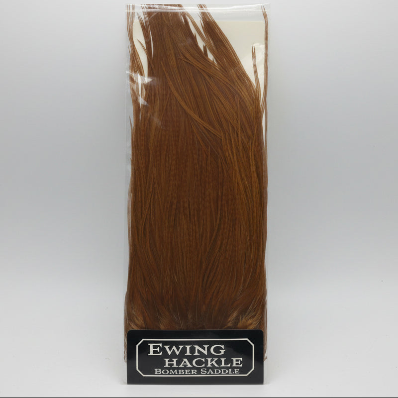 Ewing Hackle bomber saddle in a clear plastic bag on a white background