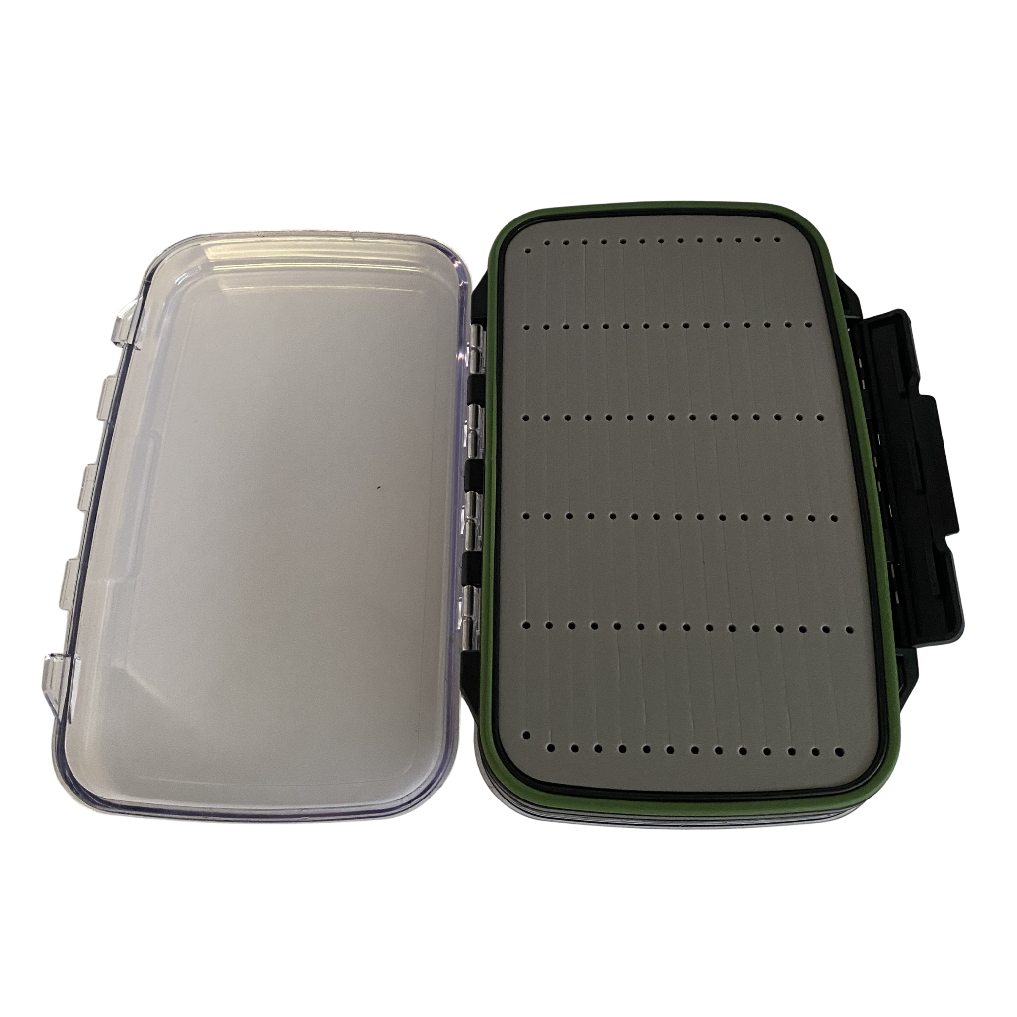 Fishing tackle box with clear lid and green base on a white background