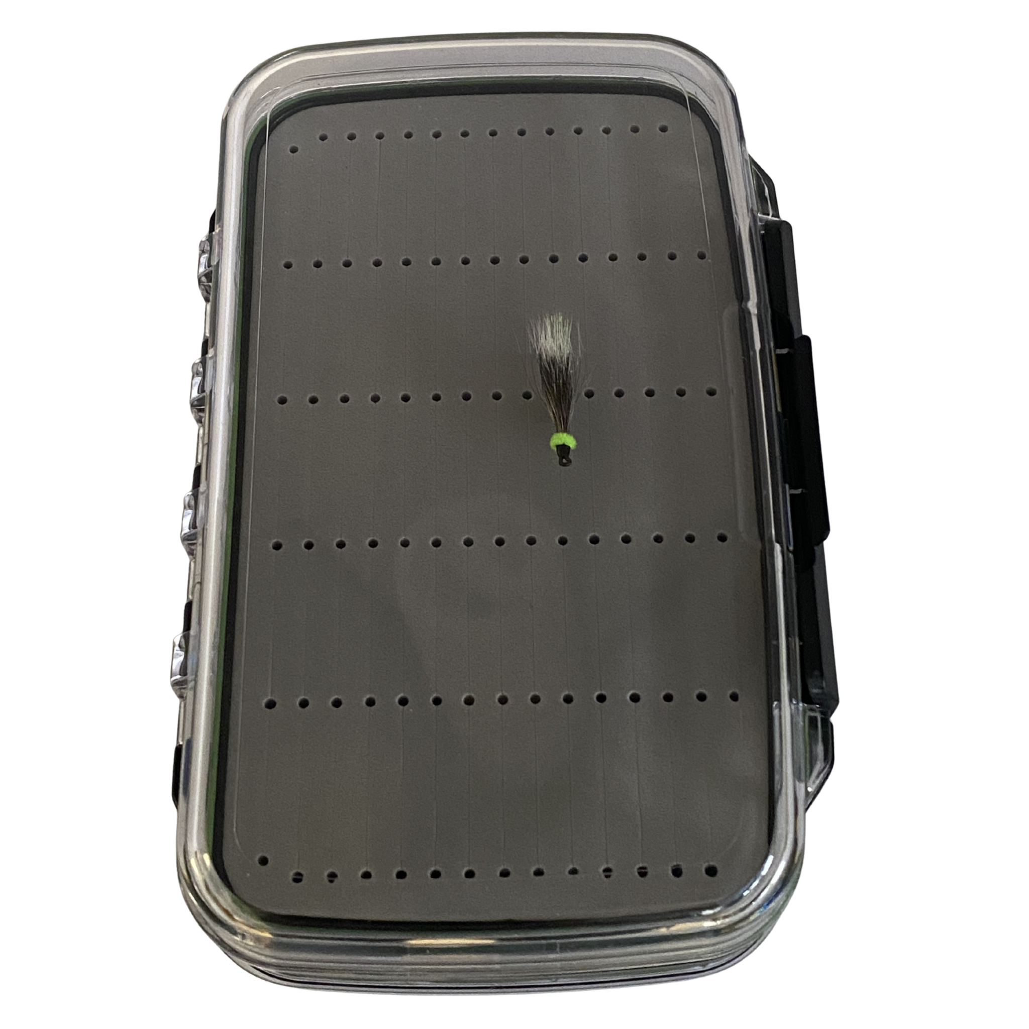 Fishing fly on a gray tray with holes, likely used for fly fishing