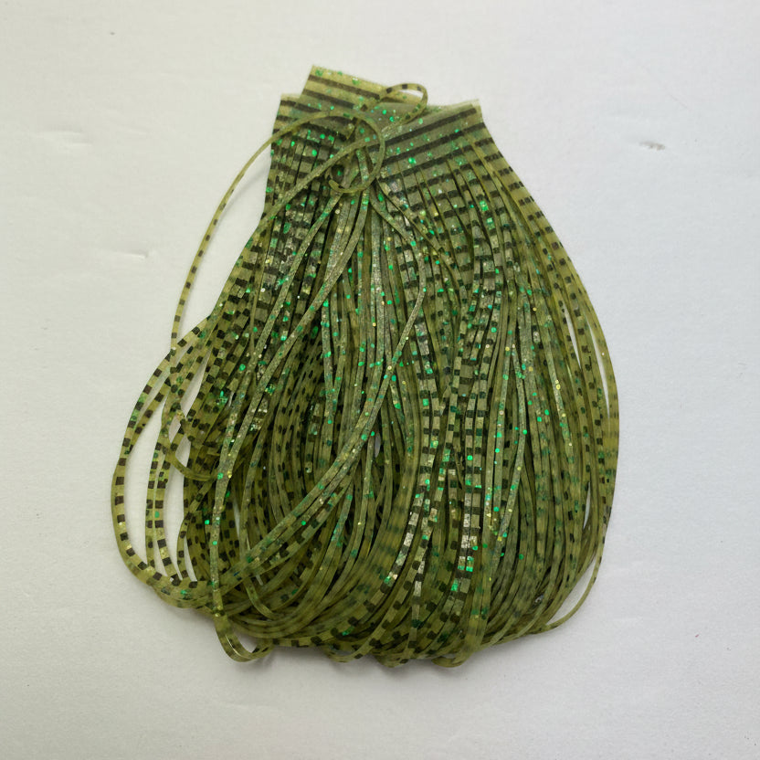 fly tying material, wapsi sili legs perfectly barred in olive on a white background