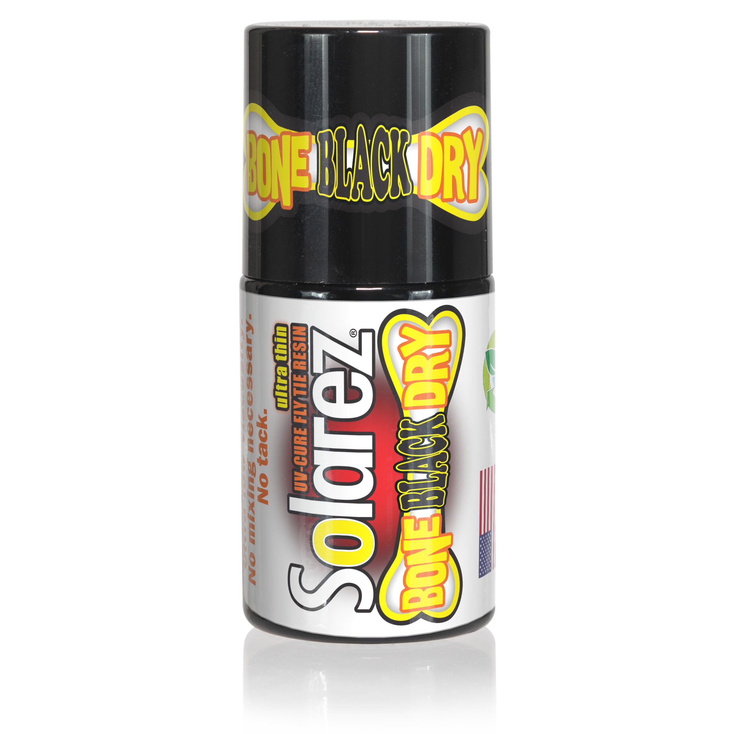 A bottle of Solarez Bone Dry UV Ultrathin with a label that includes the product name and descriptions such as 'Low Odor', 'Cures in seconds', and 'Tack-Free when cured with UV light systems'. The bottle is primarily black and white with red and yellow text.