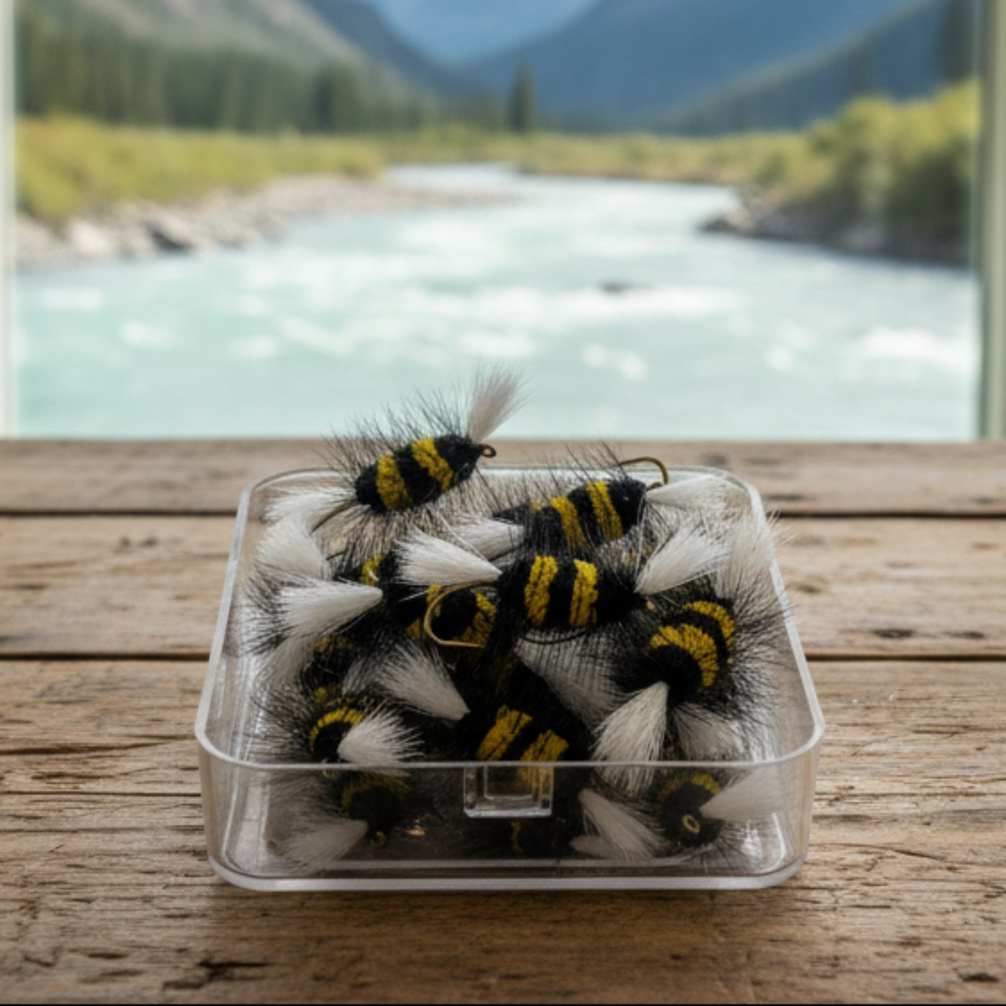 A collection of artificial fishing flies with black, yellow, and white colors displayed in a clear box.