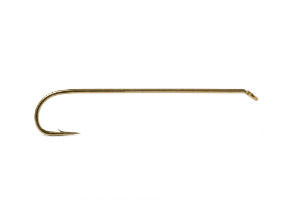 A single bronze down-eyed fly fishing hook on a white background.