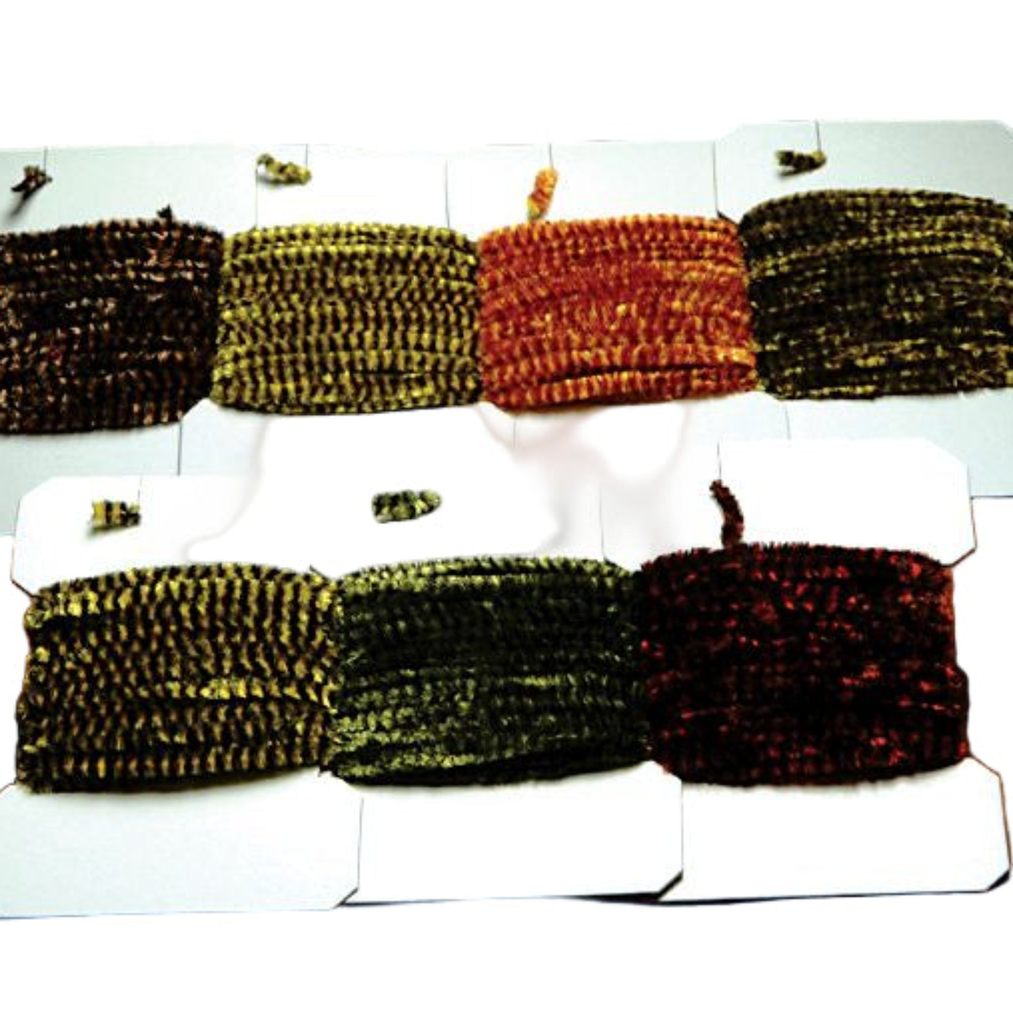 Assorted variegated chenille strips arranged on cards, used for fly tying in fishing.