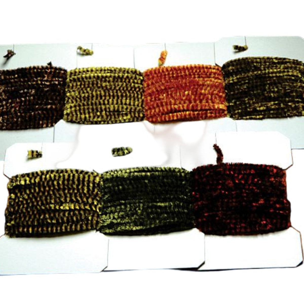 Assorted variegated chenille strips arranged on cards, used for fly tying in fishing.