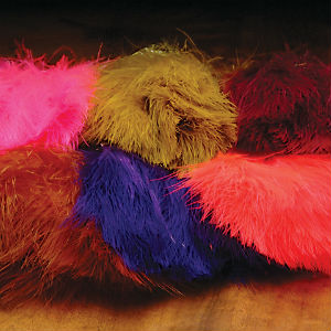 A collection of Wapsi Strung Marabou feathers in various colors used for fly tying in fishing.